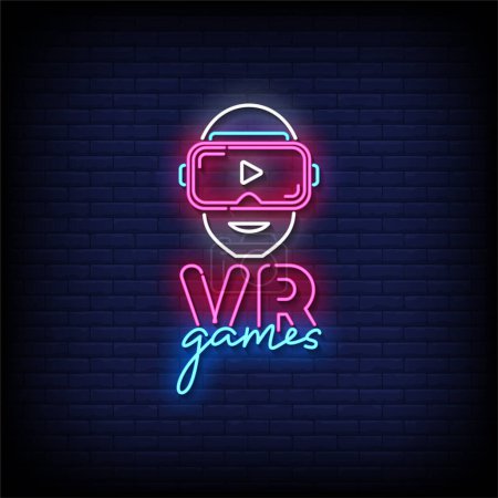 Illustration for Neon Sign vr games with brick wall background, vector illustration - Royalty Free Image