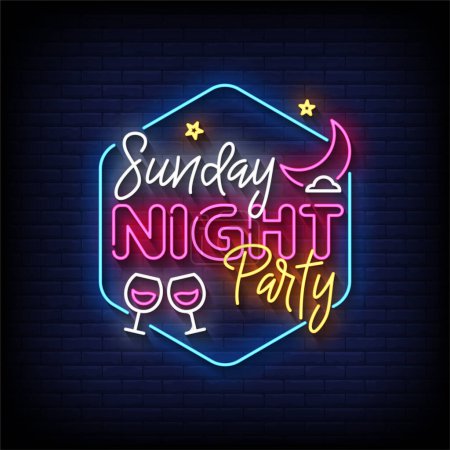 Illustration for Neon Sign sunday night party with brick wall background, vector illustration - Royalty Free Image