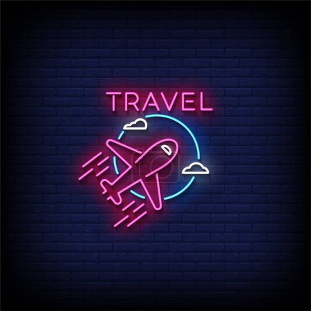 Ilustración de Neon Sign viaje con fondo de pared de ladrillo, ilustración vectorial - Imagen libre de derechos