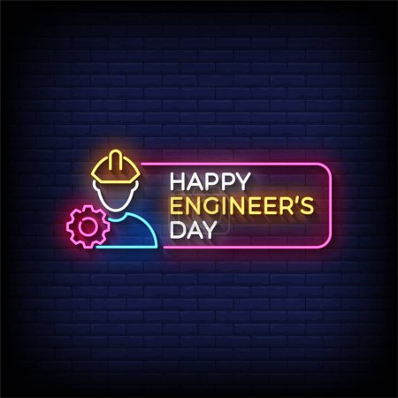Téléchargez les illustrations : Neon Sign heureux jour de l'ingénieur avec fond de mur de briques, illustration vectorielle - en licence libre de droit