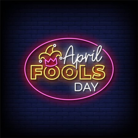 Illustration for Neon Sign april fools day with brick wall background, vector illustration - Royalty Free Image