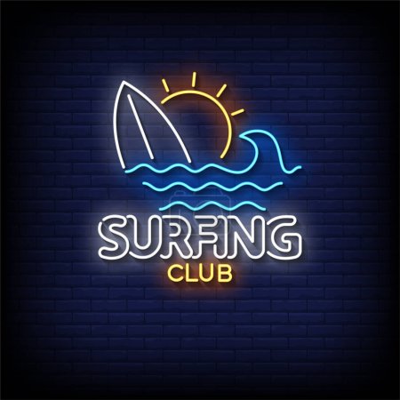 Ilustración de Neon Sign club de surf con fondo de pared de ladrillo, ilustración vectorial - Imagen libre de derechos