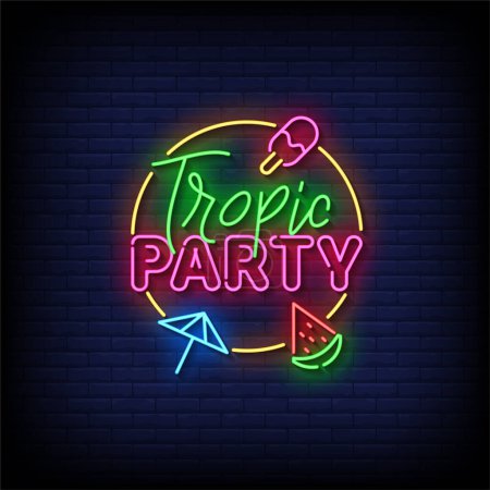 Illustration for Neon Sign tropic party with brick wall background, vector illustration - Royalty Free Image