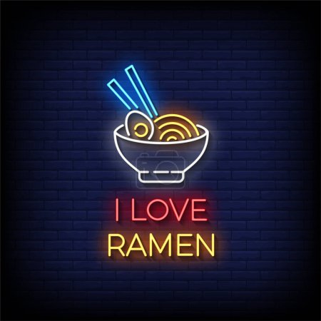 Illustration for Neon Sign i love ramen with brick wall background, vector illustration - Royalty Free Image