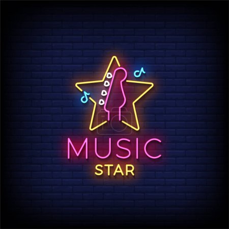 Téléchargez les illustrations : Neon Sign star de la musique avec fond mural en brique, illustration vectorielle - en licence libre de droit