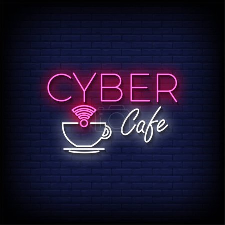 Téléchargez les illustrations : Neon Sign cybercafé avec fond mural en brique, illustration vectorielle - en licence libre de droit
