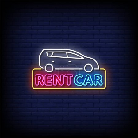 Téléchargez les illustrations : Neon Sign voiture de location avec fond mural en brique, illustration vectorielle - en licence libre de droit