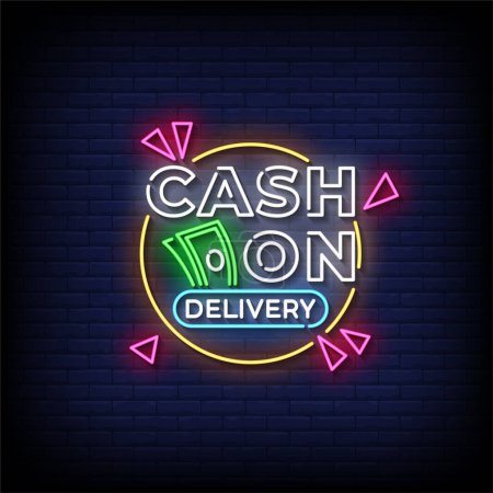 Illustration for Neon Sign cash on delivery with brick wall background, vector illustration - Royalty Free Image