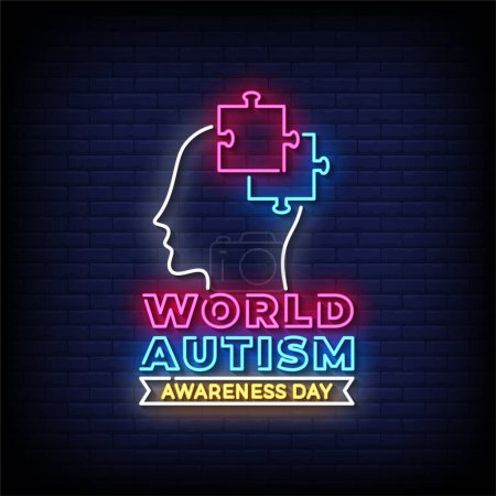 Téléchargez les illustrations : Neon Sign monde autisme, journée de sensibilisation avec fond de mur de briques, illustration vectorielle - en licence libre de droit