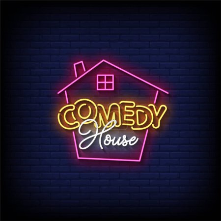 Illustration for Neon Sign comedy house with brick wall background, vector illustration - Royalty Free Image
