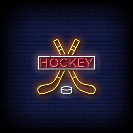 Téléchargez les illustrations : Neon Sign hockey avec fond mural en brique, illustration vectorielle - en licence libre de droit