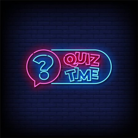 Neon Sign quiz time with brick wall background, vector illustration