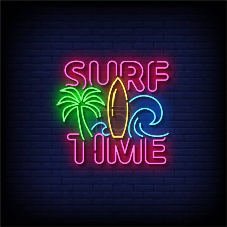 Illustration for Neon Sign surf time with brick wall background, vector illustration - Royalty Free Image