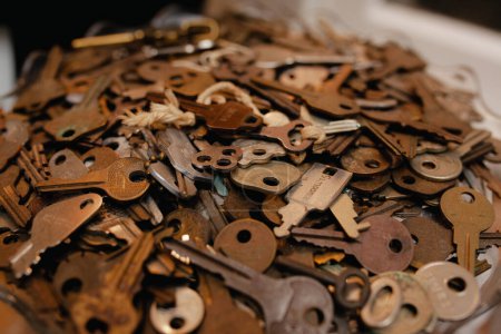 Plate of old vintage house keys - stainless steel, carvon steel and other metals recycling