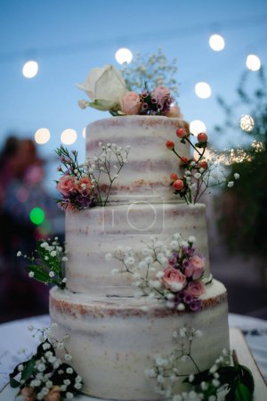 Téléchargez les photos : Beau gâteau de mariage à trois niveaux avec décoration florale rustique. Événement nocturne extérieur. - en image libre de droit