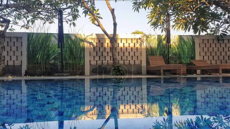 Una piscina serena enmarcada por sillas y exuberantes árboles, que ofrece una escapada idílica para la relajación y el ocio
