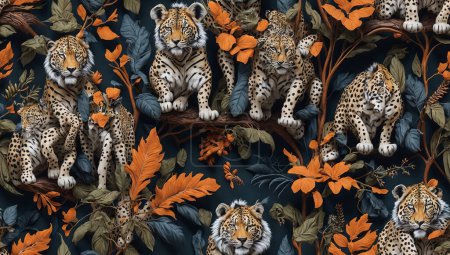 Illustration for Seamless pattern with tiger and flowers. vector. illustration - Royalty Free Image