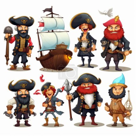Téléchargez les illustrations : Ensemble de personnages de pirates de bande dessinée isolés sur fond blanc - en licence libre de droit