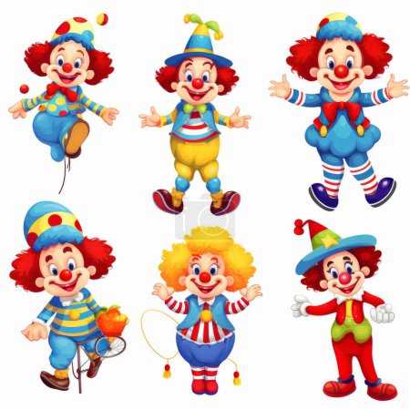 Téléchargez les illustrations : Illustration vectorielle d'un clown de dessin animé avec différentes expressions - en licence libre de droit