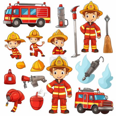 conjunto de bomberos y herramientas