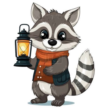 Illustration for Cute cartoon raccoon in a scarf with a cup of coffee. vector illustration on white background. - Royalty Free Image
