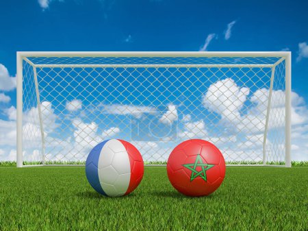 Footballs in flags colors on soccer field. France with Morocco. 3d rendering