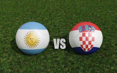 Footballs in flags colors on soccer field . Argentina with Croatia. 3d rendering