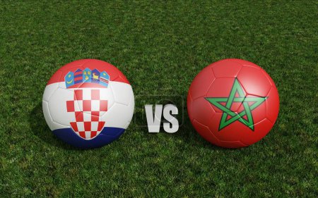 Footballs in flags colors on soccer field. Croatia with Morocco. 3d rendering