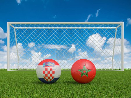 Footballs in flags colors on soccer field. Croatia with Morocco. 3d rendering