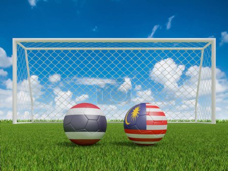Footballs in flags colors on soccer field. Thailand with  Malaysia. 3d rendering