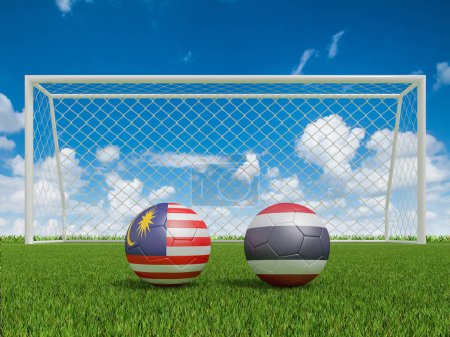Footballs in flags colors on soccer field. Malaysia with  Thailand. 3d rendering
