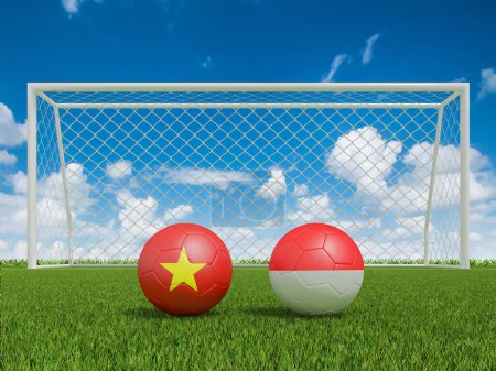 Footballs in flags colors on soccer field. Vietnam with Indonesia. 3d rendering