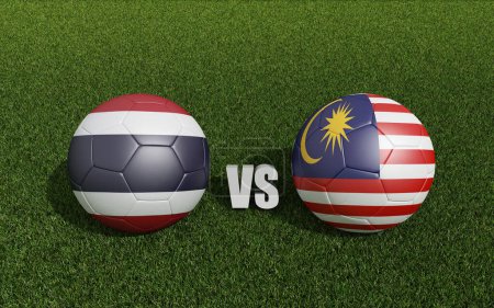 Footballs in flags colors on soccer field. Thailand with  Malaysia. 3d rendering