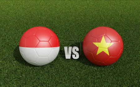 Footballs in flags colors on soccer field. Indonesia with Vietnam . 3d rendering