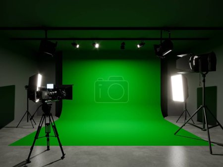 Téléchargez les photos : Studio photo écran vert avec éclairage et caméra de film. rendu 3D - en image libre de droit