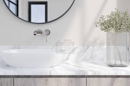 Foto de Representación 3D de encimera de mármol blanco con lavabo, grifo y espejo en el baño. - Imagen libre de derechos