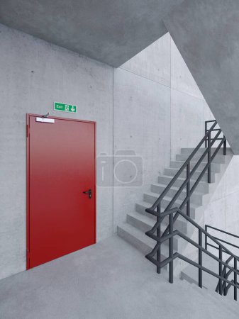Puerta metálica roja de salida de incendios en edificio espacial de hormigón. renderizado 3d