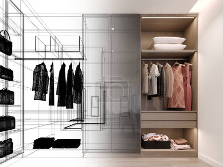 modern walk in closet wardrobe with clothes hanging interior design, 3d rendering wire frame
