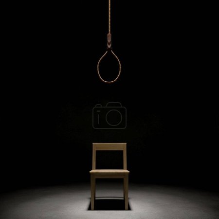 Téléchargez les photos : Noeud corde et chaise dans la chambre noire, rendu 3D du concept d'horreur - en image libre de droit