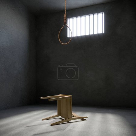Téléchargez les photos : Noeud de corde et chaise dans la cellule de prison avec de la lumière qui brille à travers une fenêtre barrée, rendu 3D du concept d'horreur - en image libre de droit