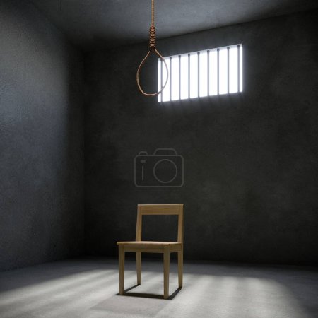 Téléchargez les photos : Noeud de corde et chaise dans la cellule de prison avec de la lumière qui brille à travers une fenêtre barrée, rendu 3D du concept d'horreur - en image libre de droit