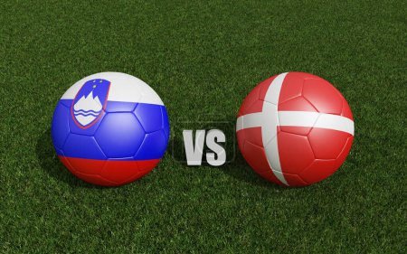 Footballs in flags colors on grass.  Slovenia with Denmark. 2024 euro cup tournament. 3d rendering