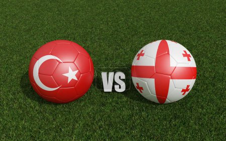 Photo for Footballs in flags colors on grass. Turkey with Georgia. 2024 euro cup tournament. 3d rendering - Royalty Free Image