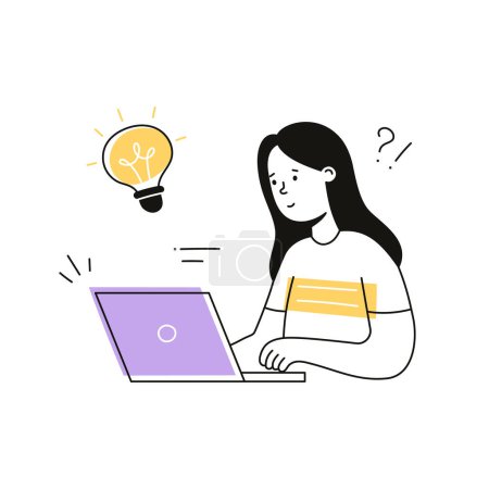 Idea bulb woman, work solution illustration. Doodle outline character work creative idea, think question. Female person with laptop, creative solution concept. Isolated vector illustration