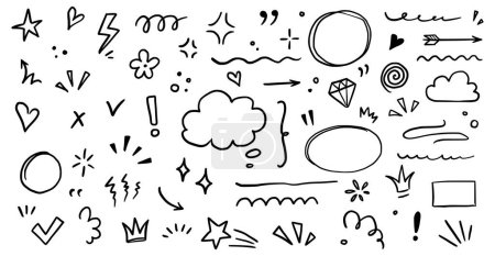 Sketch underline, emphasis, arrow shape set. Hand drawn brush stroke, highlight, speech bubble, underline, sparkle element. Vector illustration.