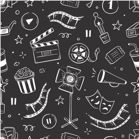 Illustration for Movie, cinema vector pattern. Doodle hand drawn sketch style movie seamless pattern. Cinema elements for media production, festival, theater background. Vector illustration. - Royalty Free Image