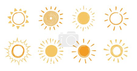 Téléchargez les illustrations : Doodle sun sketch illustration. Hand drawn cute yellow, orange sun set. Scribble doodle children drawn style. Vector illustration - en licence libre de droit