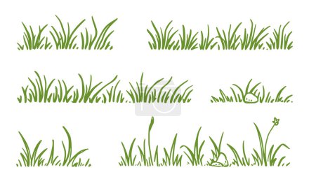 Téléchargez les illustrations : Grass doodle sketch style set. Hand drawn green grass field outline scribble background. Sprout, flower, clover elements. Vector illustration. - en licence libre de droit
