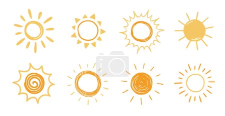 Téléchargez les illustrations : Doodle sun sketch illustration. Hand drawn cute yellow, orange sun set. Scribble doodle children drawn style. Vector illustration - en licence libre de droit