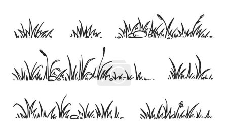 Téléchargez les illustrations : Grass doodle sketch style set. Hand drawn grass field outline scribble background. Sprout, flower, clover elements. Vector illustration. - en licence libre de droit